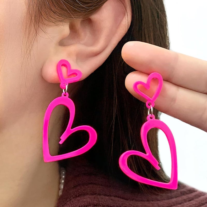 HOLYRY Neon Heart Earrings for Women Acrylic Neon Earrings 80s 90s Outfit for Women Glow Party Accessories Gifts Hot Pink Orange Green Yellow - Image 3